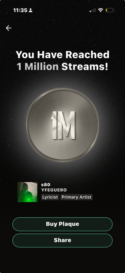 One million streams certification for the track s80 by YFEGUERO